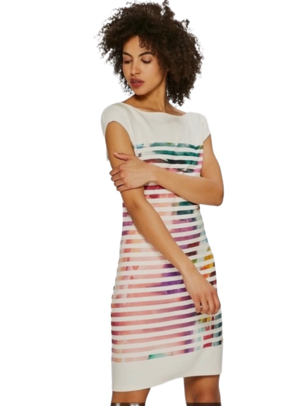 Desigual White Short Sleeve Striped Multi Color Artistic Sheath Dress M